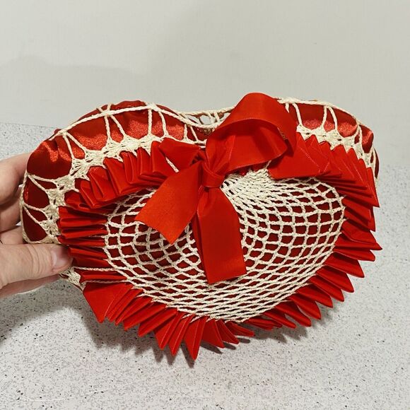 Vintage Heart Shaped Toss Pillow Red Satin Ribbons & White Crochet Caged Romance - Picture 8 of 8